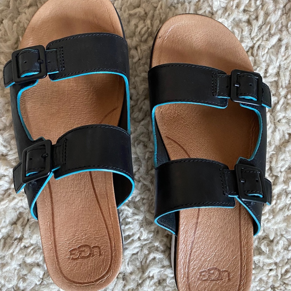 UGG Hanneli Platform Leather Black Sandal Sz 6.5